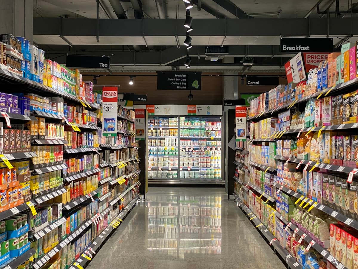 Interior aisle of a small retail shop